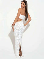 Elegant Off Shoulder Backless Lace Maxi Dress With Hollow Out Detailing