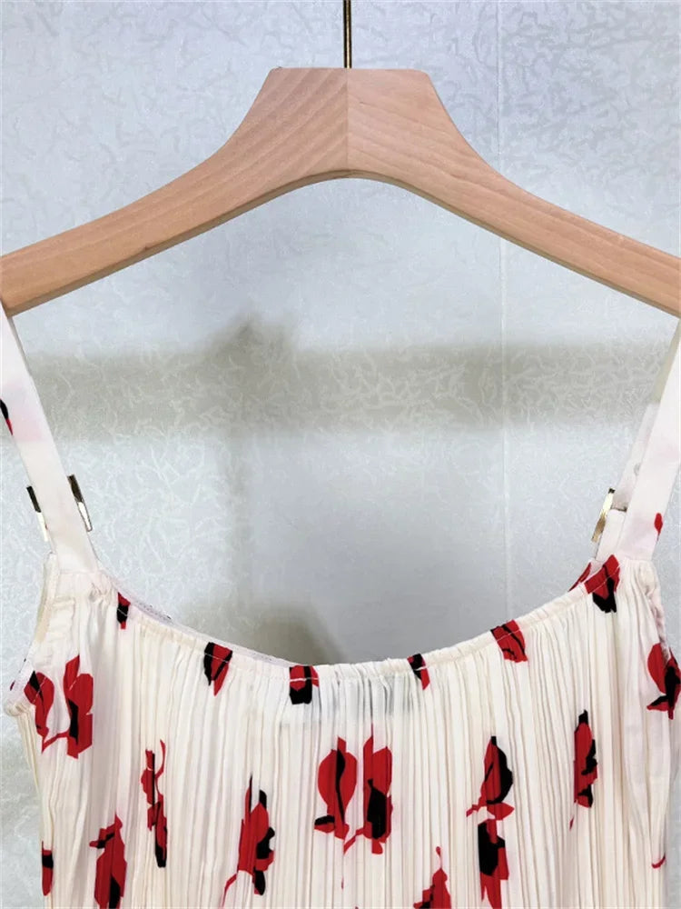 Pleated Red Print High Waist Midi Skirt And Sleeveless