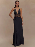 Backless Maxi Gown With Patchwork Lace Halter Neck Deep V And High Waist Elegance