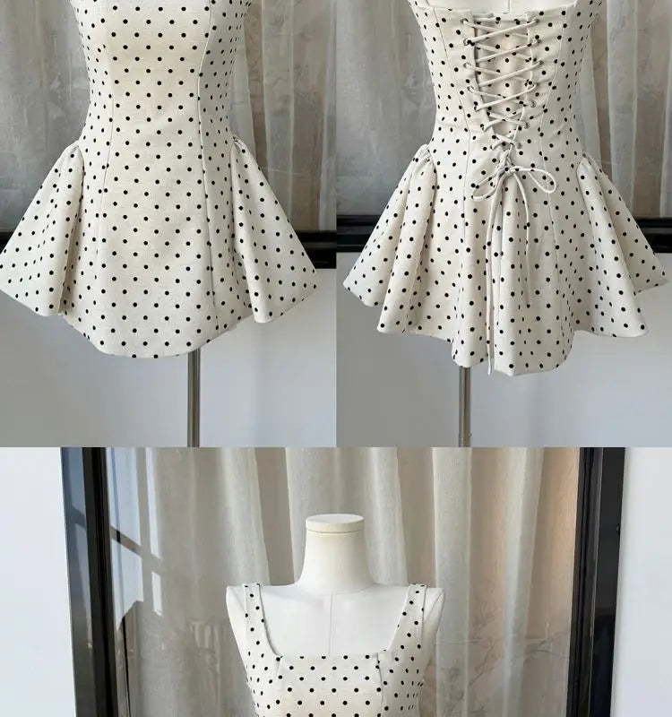 Polka Dot Gingham Mini Dress With Square Collar