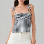 Sweet Open Back Camisole With Shirred Tie Up Spaghetti Straps Lace Trim And Square Neck