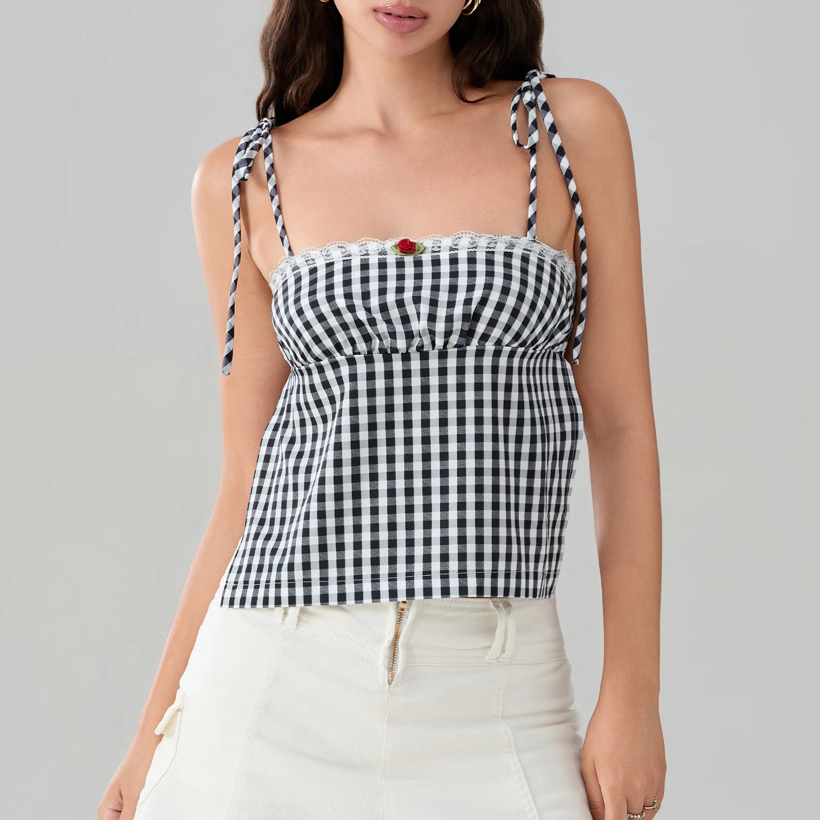 Sweet Open Back Camisole With Shirred Tie Up Spaghetti Straps Lace Trim And Square Neck