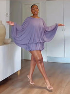 Backless Lace Up Mini Dress With Batwing Sleeves Round Neck Pleated