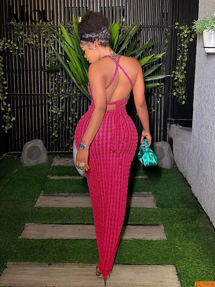 Ruched Spaghetti Strap Maxi Dress Backless Bandage For Women
