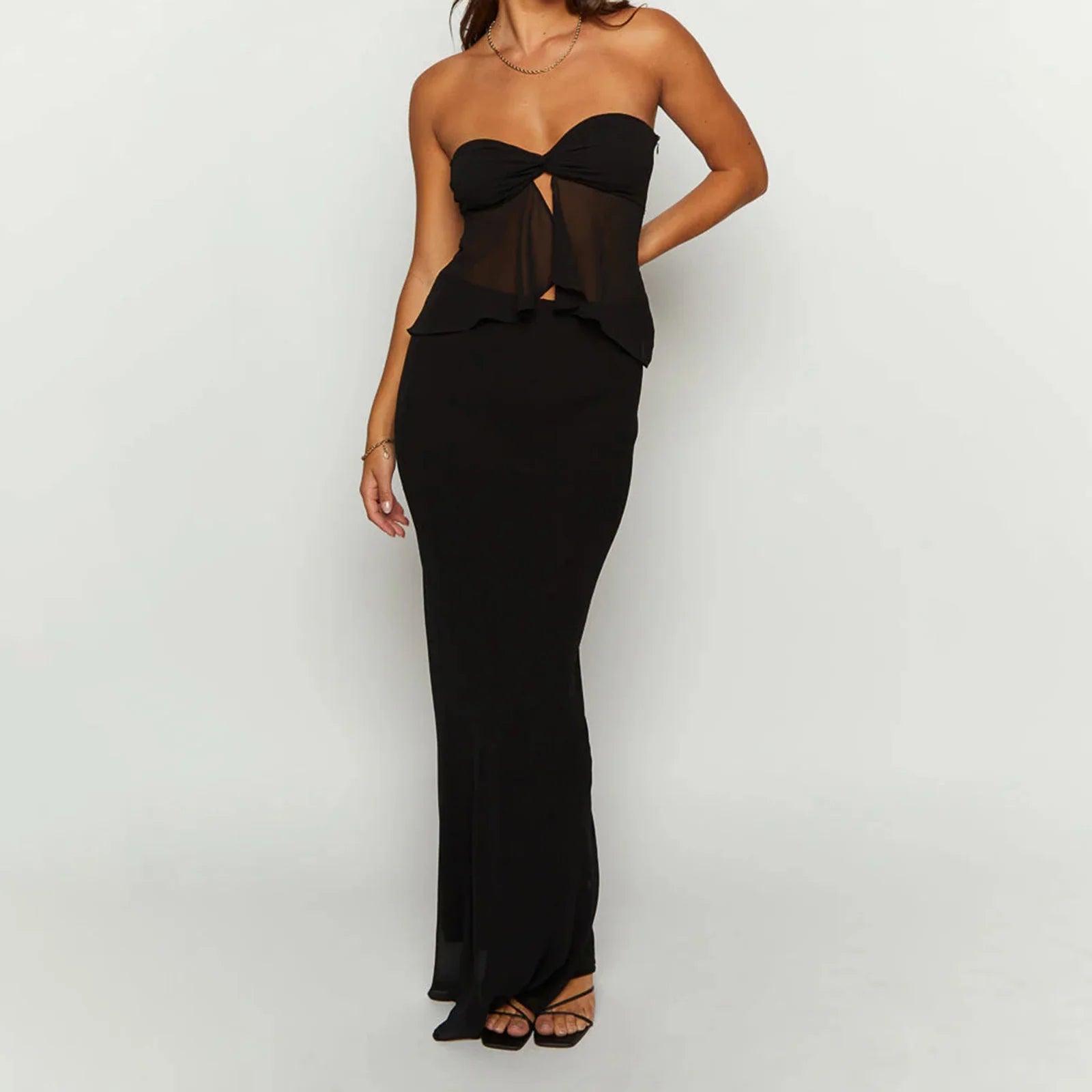 Off Shoulder Two Piece Tube Top And Layered Ruffle Maxi Skirt Set