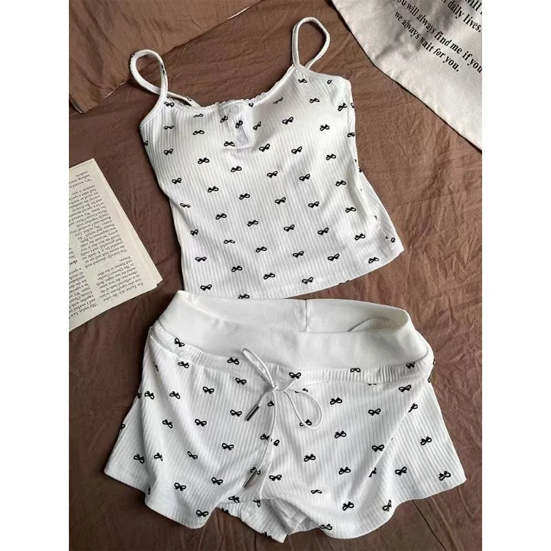 Bow Pajamas Set For Women Two Piece Summer Sleepwear With Tank Top And Shorts Lounge Ensemble