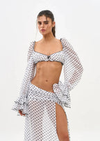 Mesh Two Piece l Set With Long Sleeve Backless Crop Top And Sheer Skirt