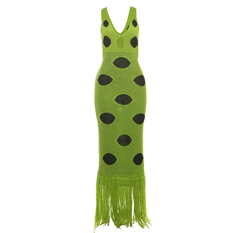 Midnight Sleeveless Knit Maxi Dress With Hollow Dot Tassel Hem