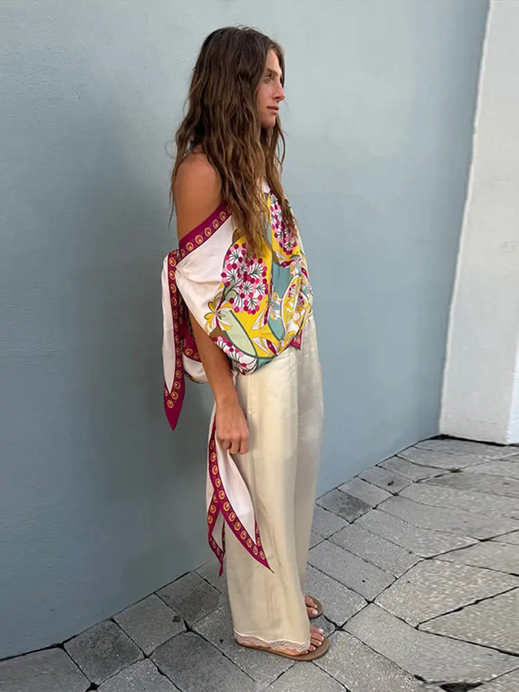 Boho Floral One Shoulder Camisole Tank Top With Asymmetrical Hem