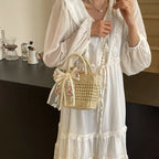 Lace Bow Straw Weave Crossbody Bag Summer Beach Style Small Bucket Elegant And Lightweight