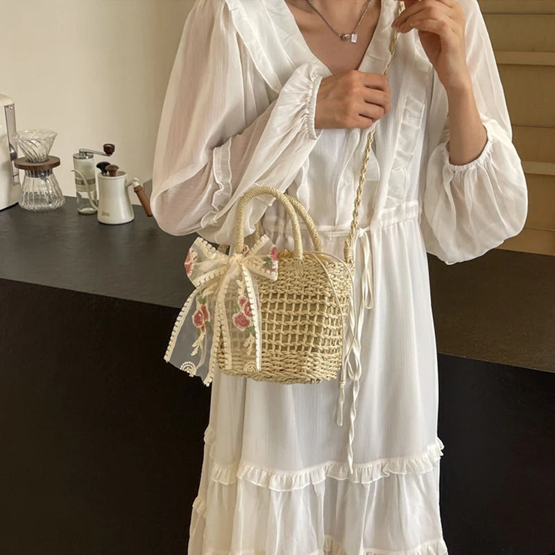 Lace Bow Straw Weave Crossbody Bag Summer Beach Style Small Bucket Elegant And Lightweight