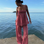 Striped Two Piece Pajama Set With Tie Shoulder Tank Top And Straight Pants