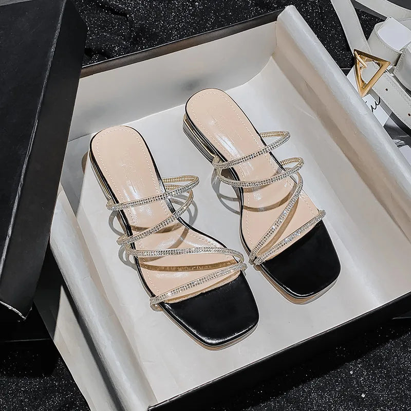 Crystal Rhinestone Clear Strap Sandals With Low Heel