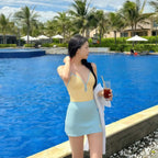 Sunny Gingham Spaghetti Strap V Neck One Piece Swimsuit With Lace Up Detailing And Light Blue Cover Up Skirt