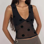 Polka Dot Sheer Mesh Crop Top With Sequins For Women Flirty Tank Blouse Shimmering Lightweight