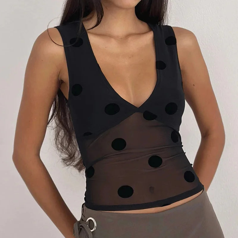 Polka Dot Sheer Mesh Crop Top With Sequins For Women Flirty Tank Blouse Shimmering Lightweight
