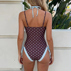 Vintage Polka Dot One Piece Swimsuit With Drawstring Side Halter Neck Reversible Beachwear