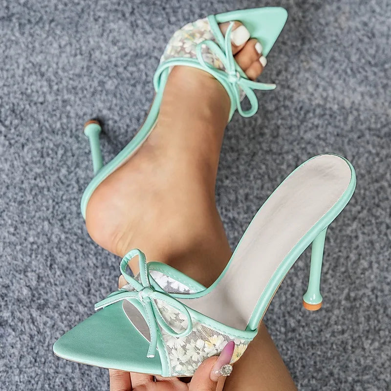 Elegant Embroidered Mesh Pointed Toe Heels