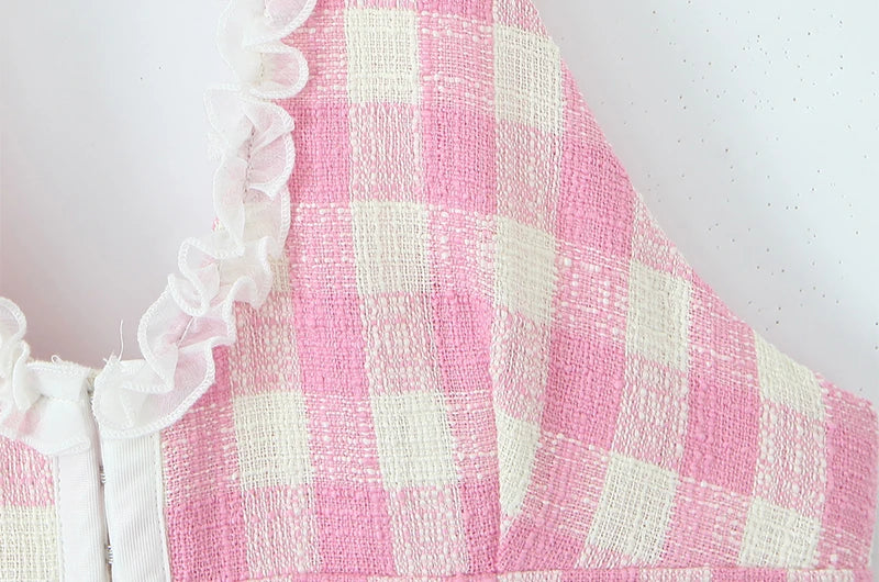 Sweet Plaid Sleeveless Backless Vintage Mini Dress With Halter Neck Slim