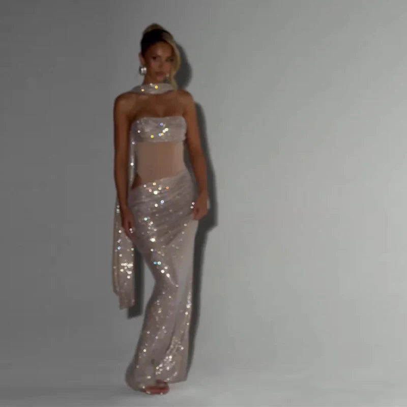 Sequins Off Shoulder Dress With Cinched Waist Sheer Ribbon Pleated Long Sleeves Glam