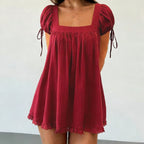Vintage Puff Sleeve Women Square Neck A-line Mini Ruffled Fairy Flowy Short Dress