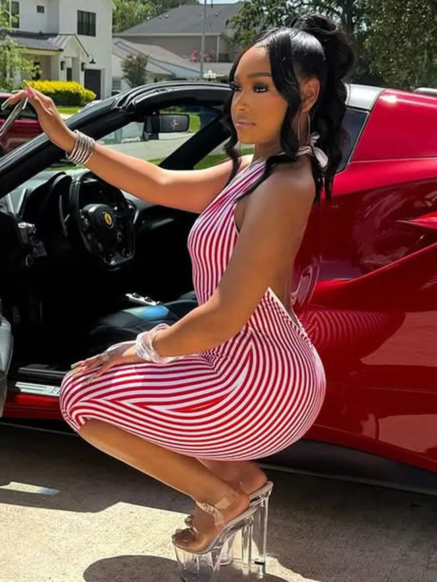 Red Striped Print Backless Halter Playsuit