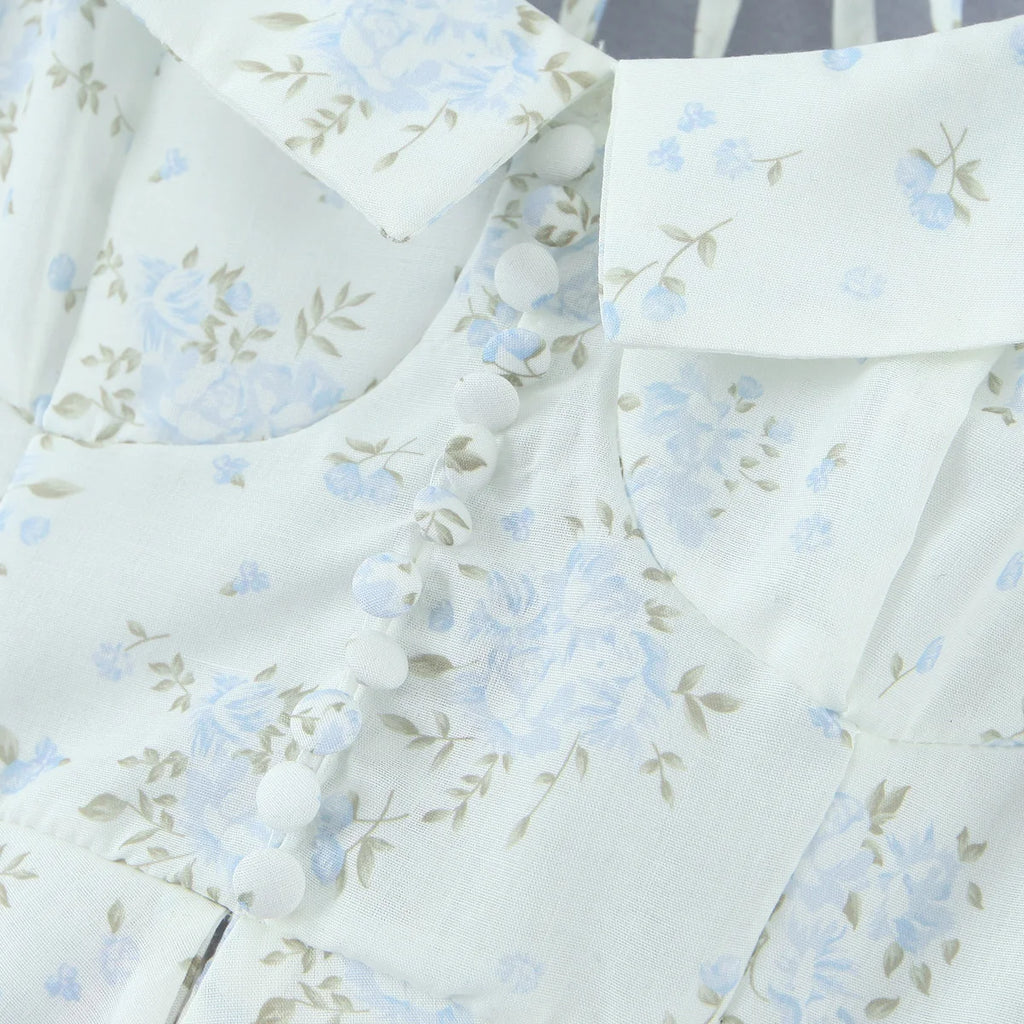 Floral Corset Style Crop Top With Cross Lacing And Ruffle Square Collar Three Quarter Sleeve
