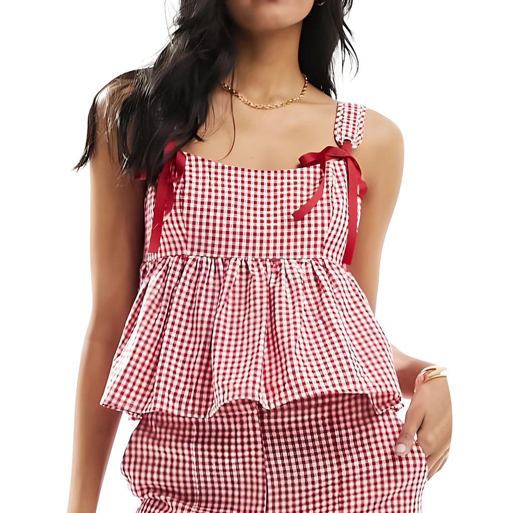 Women Plaid Tank Tops Spaghetti Strap Square Neck Peplum Cami Top Ruffle Smocked