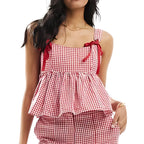 Women Plaid Tank Tops Spaghetti Strap Square Neck Peplum Cami Top Ruffle Smocked