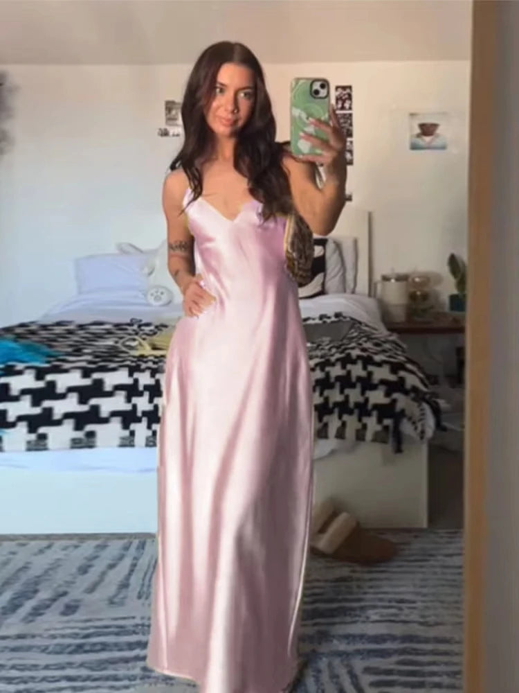 Sling Long Dress With V Neck Backless Elegant Sleeveless
