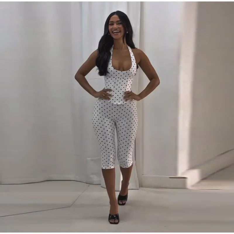 Chic Polka Dot Two Piece Set With Halter Lace Up Corset Top And Cropped Pants Y2K Inspired Outfit