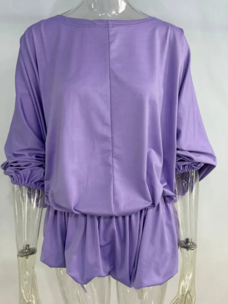 Backless Lace Up Mini Dress With Batwing Sleeves Round Neck Pleated