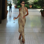 Leopard Print Halter Maxi Dress With Backless Silhouette Embellished Bandage Style