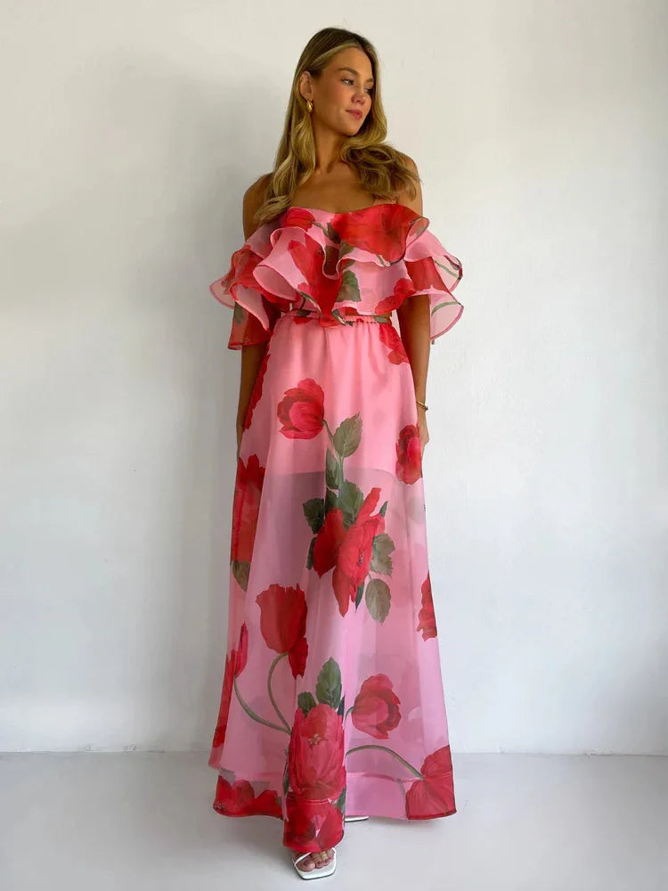Sexy Print Asymmetrical Hem Long Skirt Set Fashionable Sleeveless Women's Polyester Fabric Casual Leisure Suit