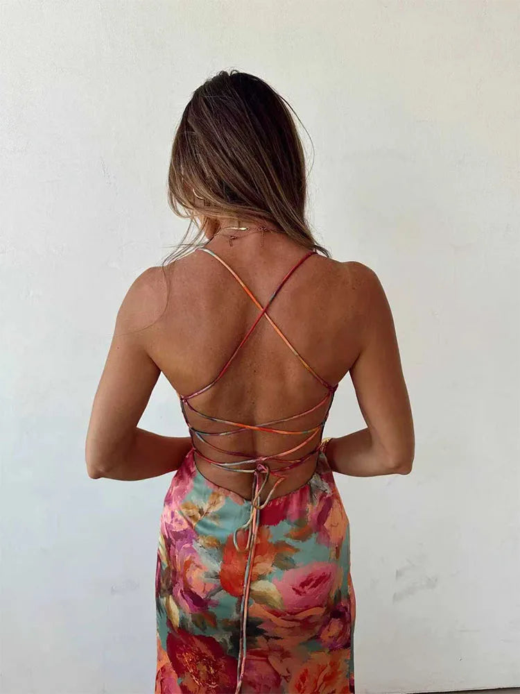 Floral Backless Tie Dress With Pleats