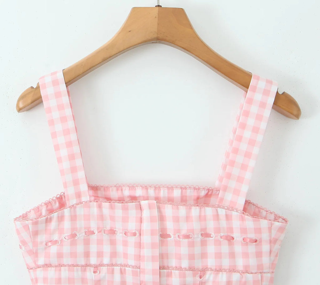 Pink Plaid Crop Top With Slash Collar