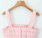 Pink Plaid Crop Top With Slash Collar
