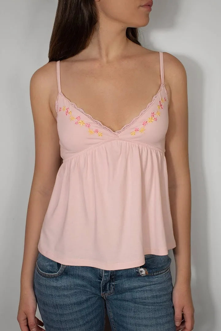 Embroidered Strap Tank Top For Women, Sleeveless V Neck Camisole With Lace Up Back, Solid Pink