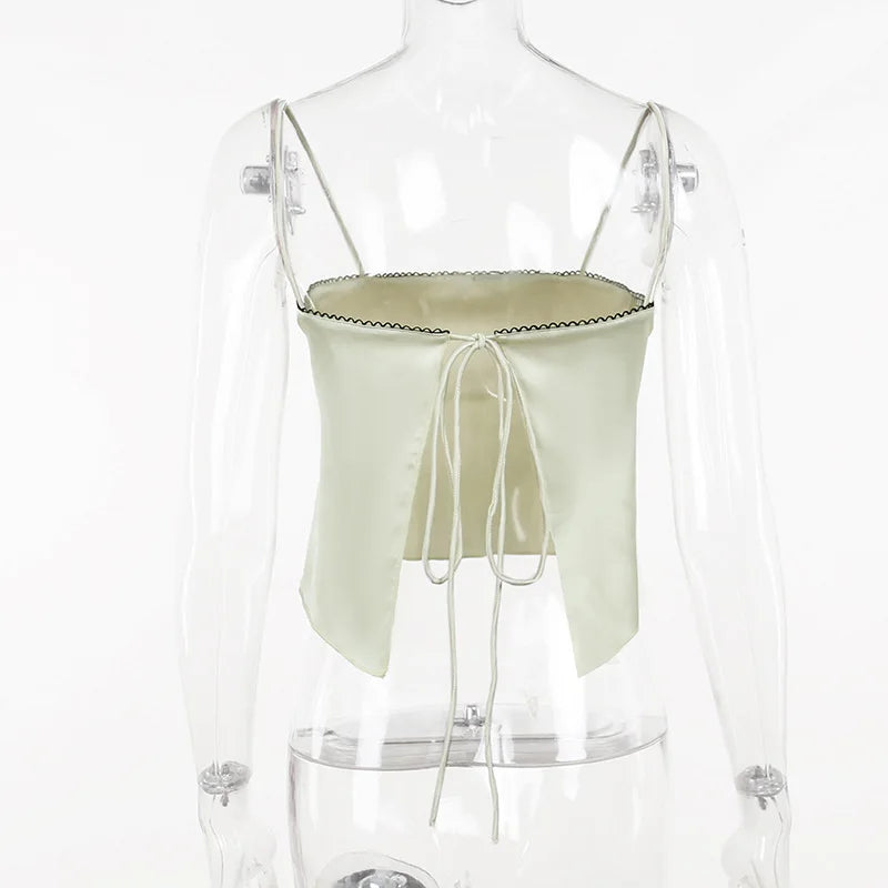 Retro Aesthetic Satin Cami Top With Bowknot Front Spaghetti Straps Cropped