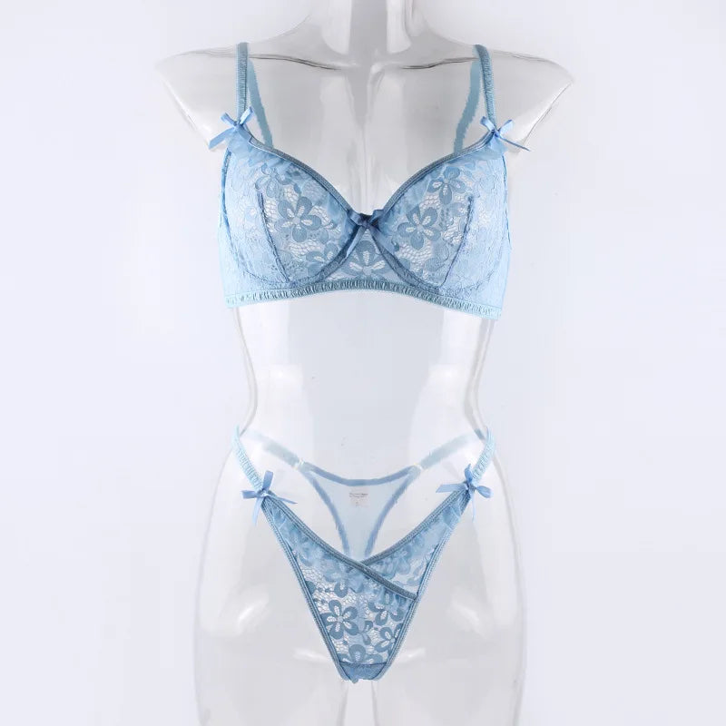 Lace Embroidered Bra and Thong Lingerie Set