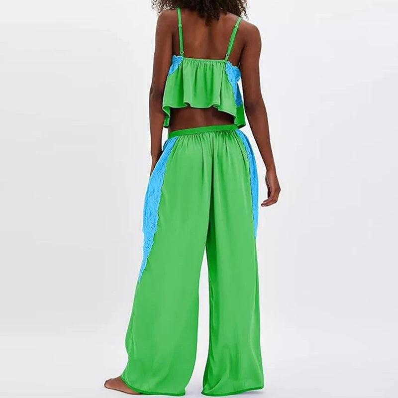 V-neck Sleeveless Top and Pants Outfit Lace Patchwork Women's Two Piece