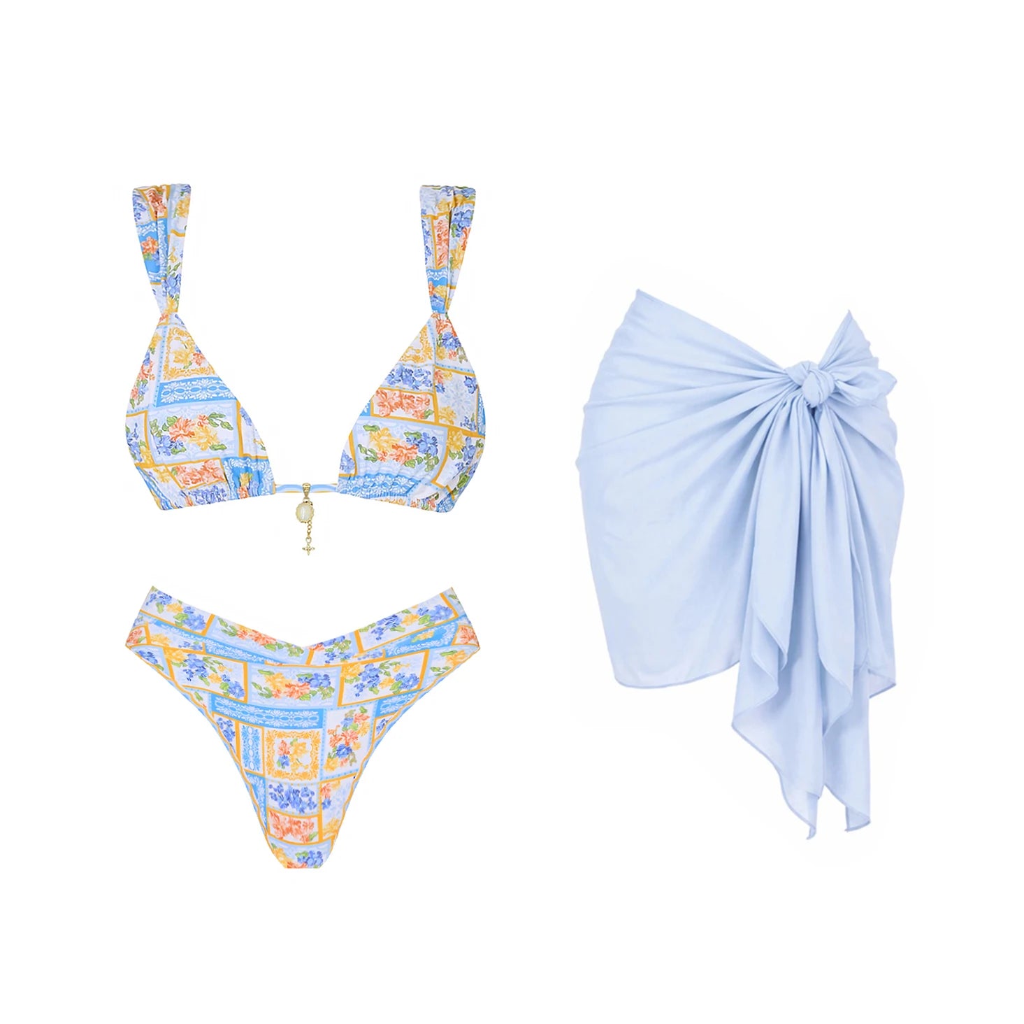 Paisley Print Bandeau Bikini Set With Sarong Cover Up 3Pcs For Women Beach Vacations