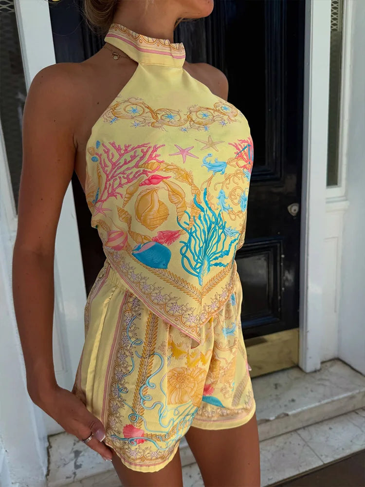 Printed Sleeveless Halter Top And Short Two-piece Set