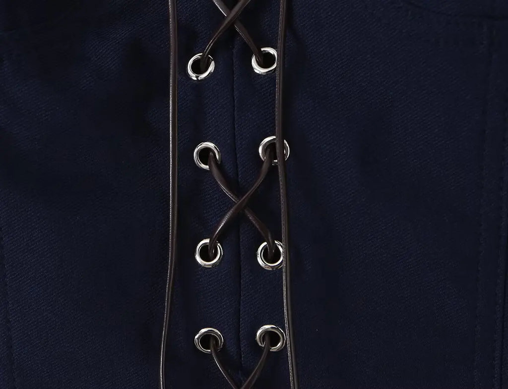 Women's Navy Blue Bustier Blouse With White Patchwork Lace-Up Front