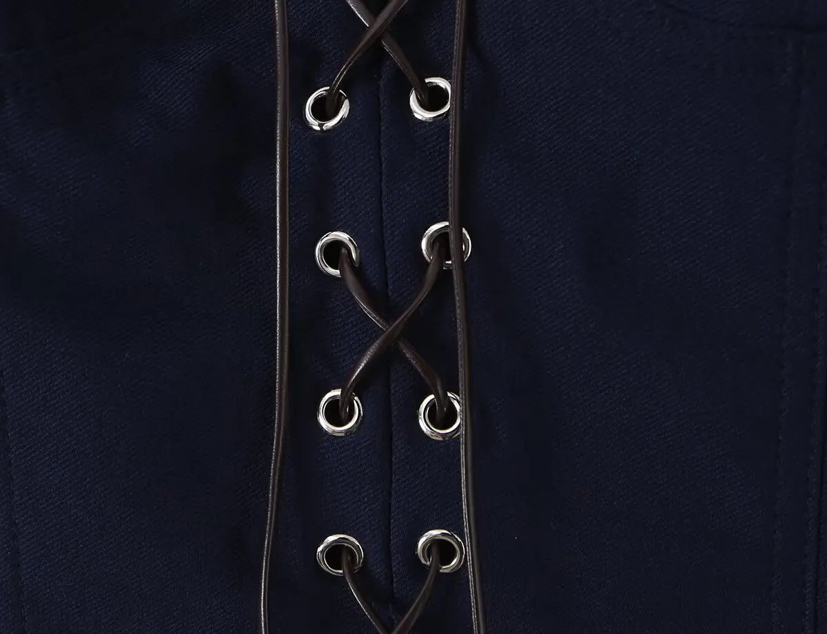 Women's Navy Blue Bustier Blouse With White Patchwork Lace-Up Front