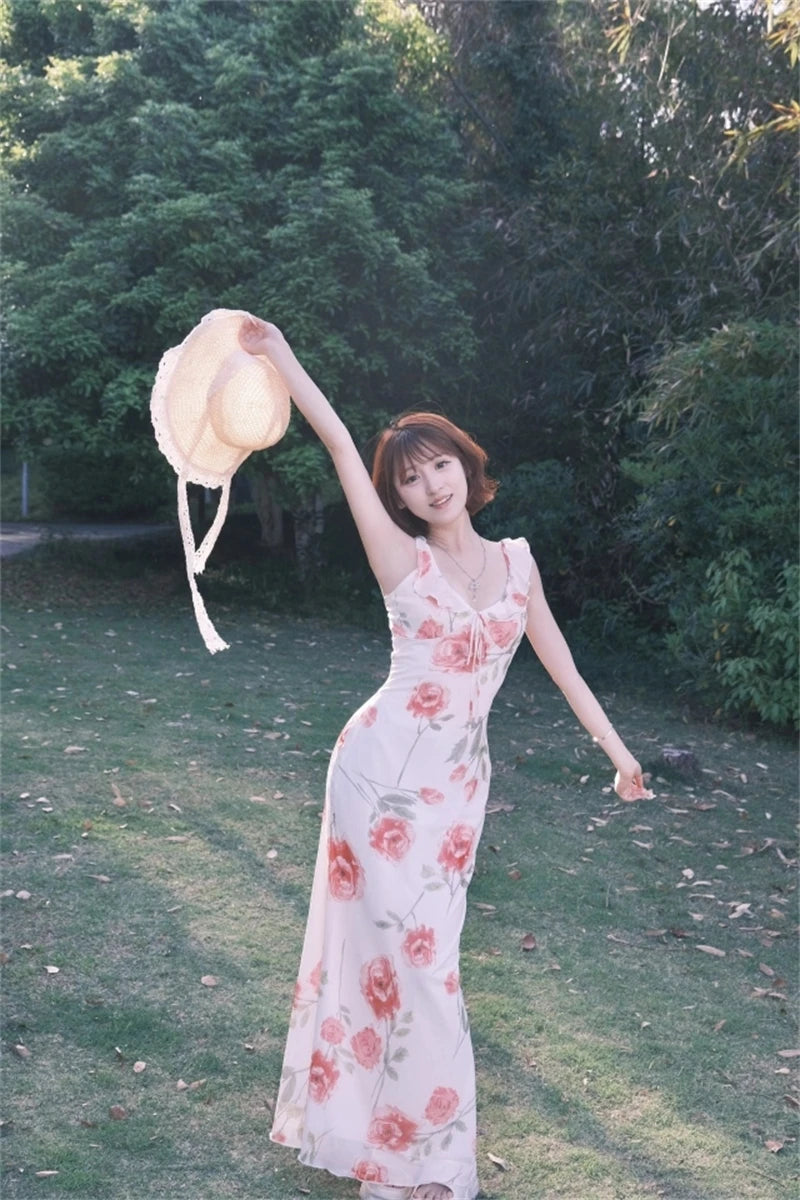 Rose Print Reverie Backless Fishtail Midi Dress With Tiered Ruffles And V Neck