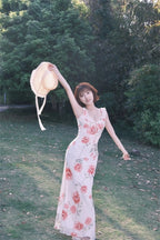 Rose Print Reverie Backless Fishtail Midi Dress With Tiered Ruffles And V Neck