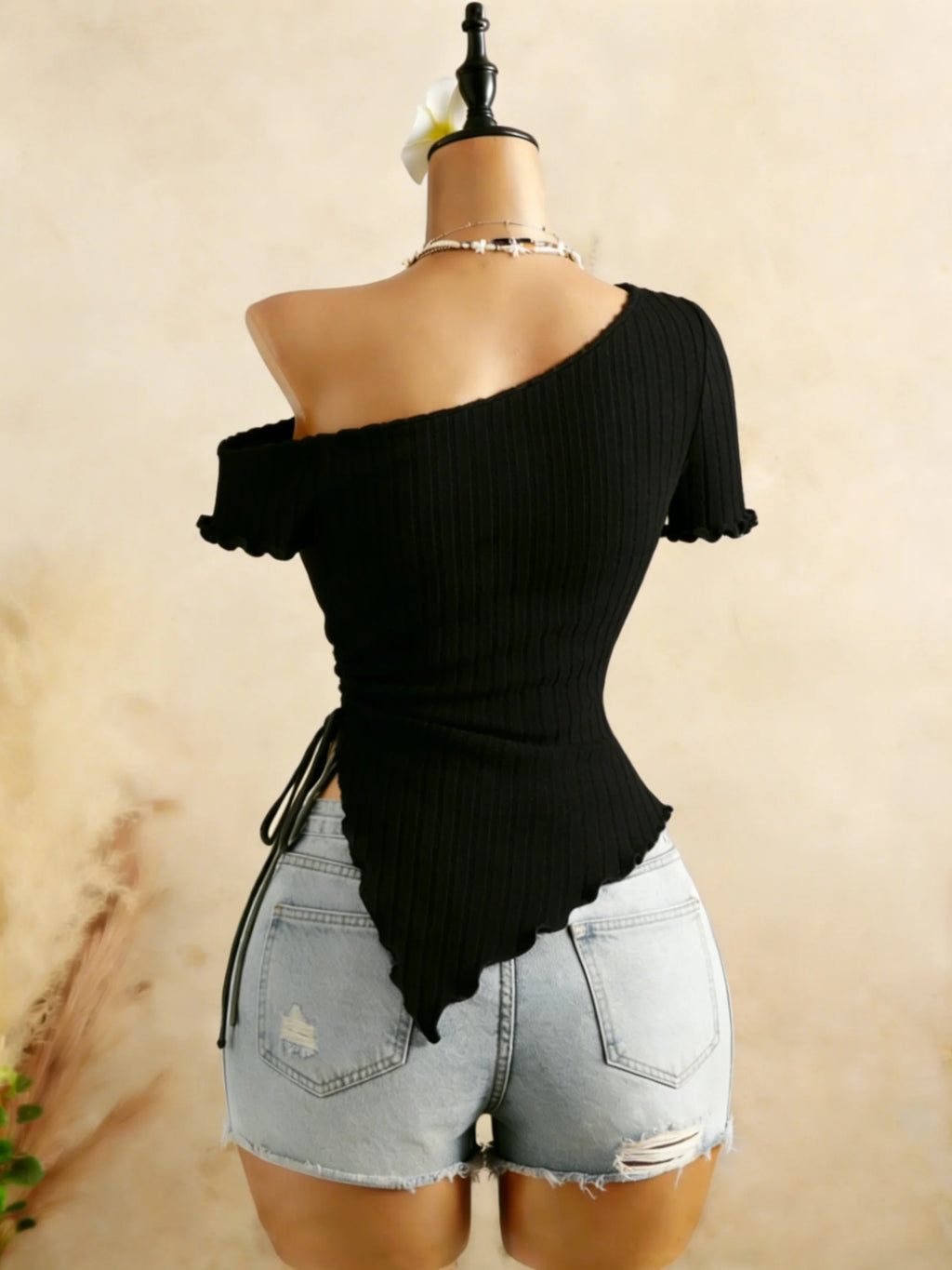 Ribbed One Shoulder Top With Asymmetrical Hem, Drawstring Ruched Detailing
