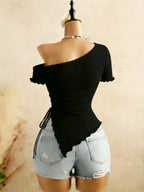 Ribbed One Shoulder Top With Asymmetrical Hem, Drawstring Ruched Detailing