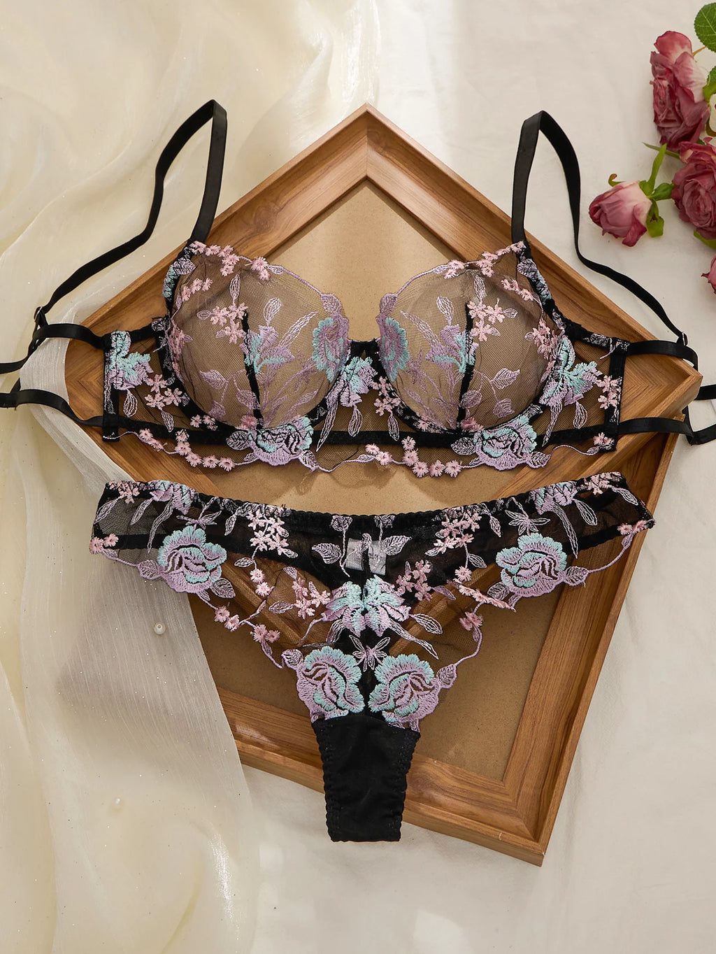 Pastel Pink Embroidered Bra And Panties Set With Steel Ring